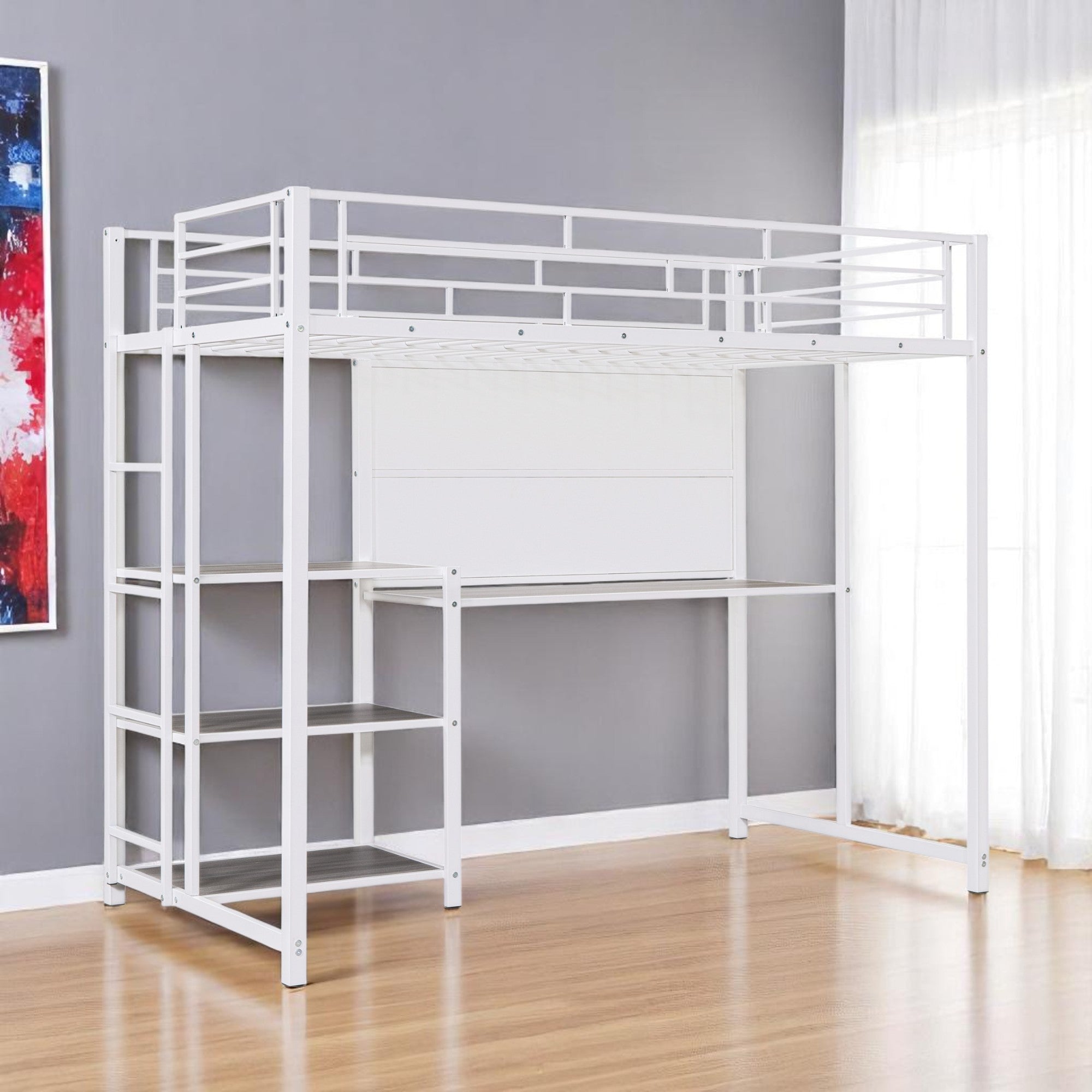 White Slat Steel Twin Loft Bed With Desk And Shelves