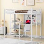 White Slat Steel Twin Loft Bed With Desk And Shelves