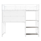 White Slat Steel Twin Loft Bed With Desk And Shelves