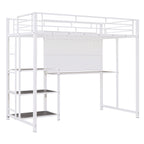 White Slat Steel Twin Loft Bed With Desk And Shelves