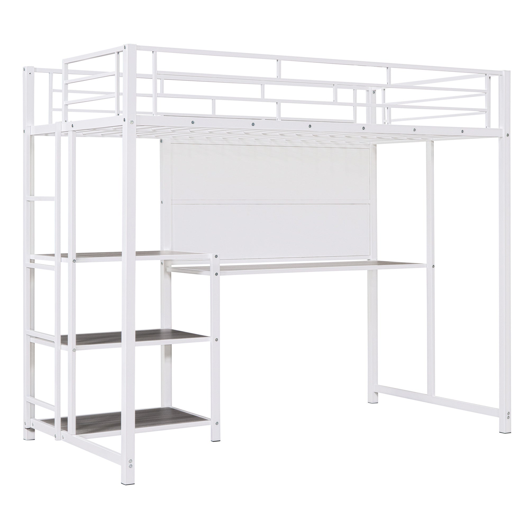 White Slat Steel Twin Loft Bed With Desk And Shelves