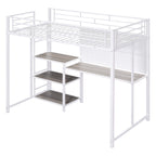 White Slat Steel Twin Loft Bed With Desk And Shelves
