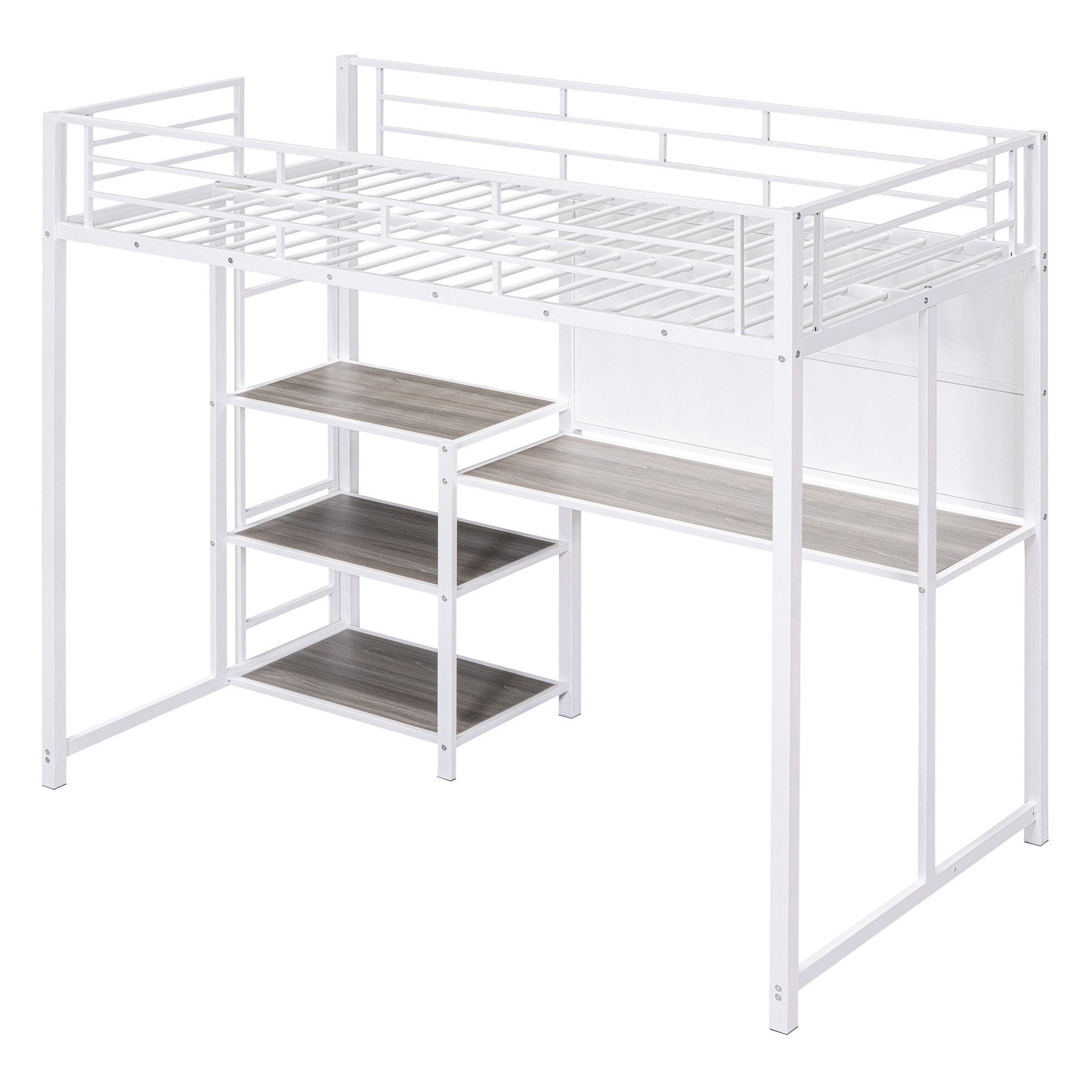 White Slat Steel Twin Loft Bed With Desk And Shelves
