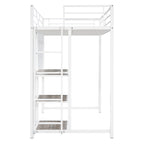White Slat Steel Twin Loft Bed With Desk And Shelves