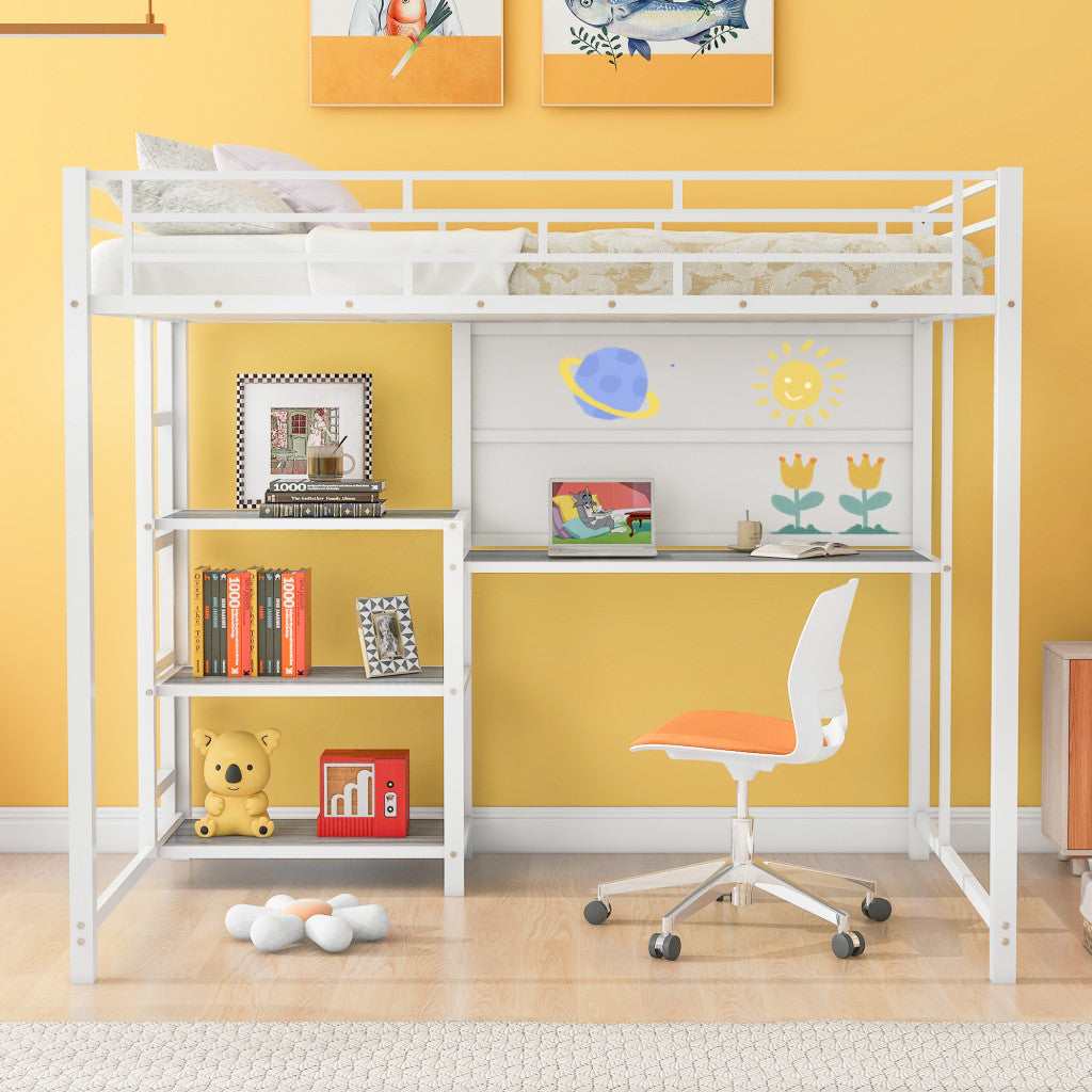 White Slat Steel Full Double Loft Bed With Desk And Shelves