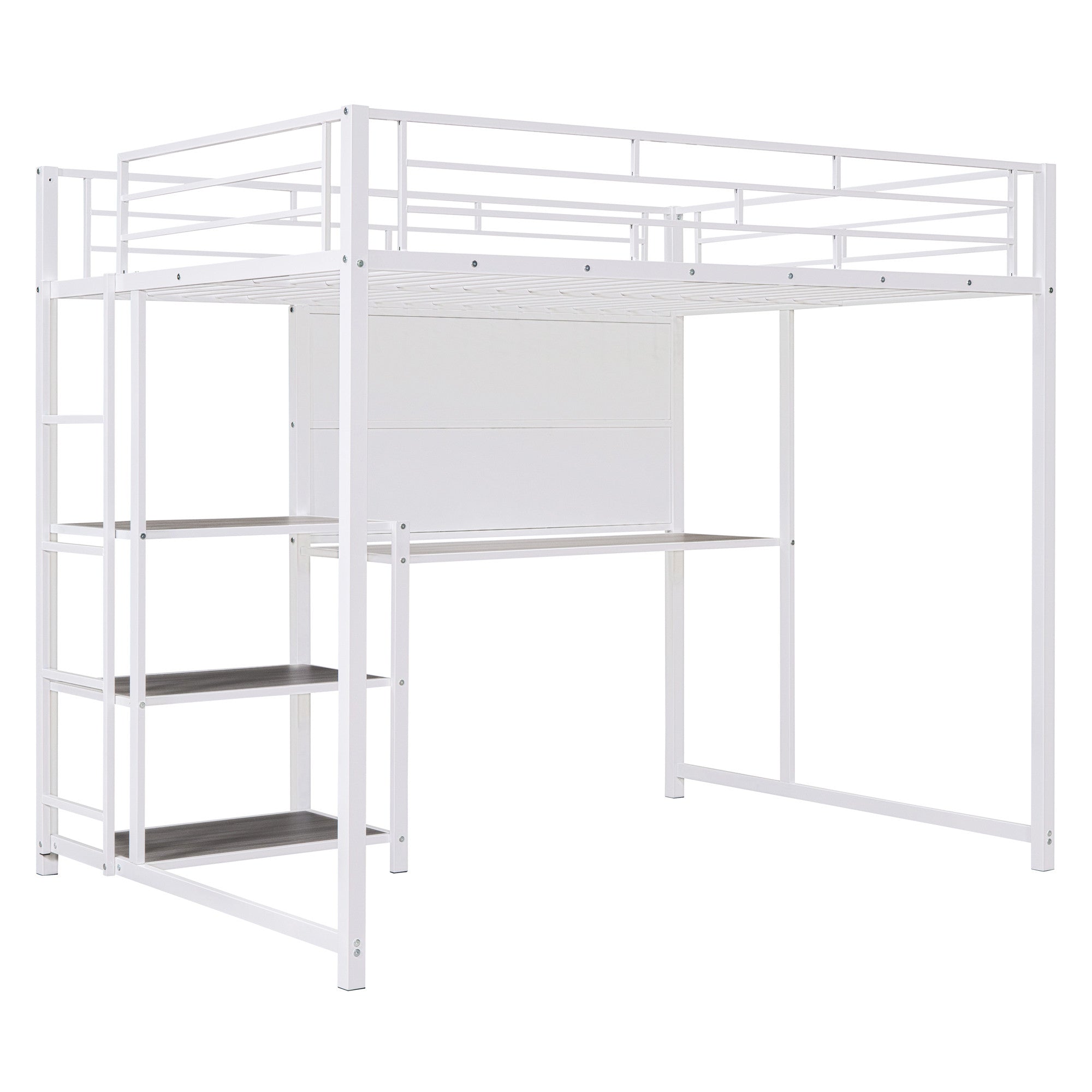 White Slat Steel Full Double Loft Bed With Desk And Shelves