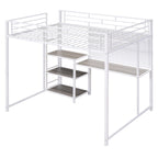 White Slat Steel Full Double Loft Bed With Desk And Shelves