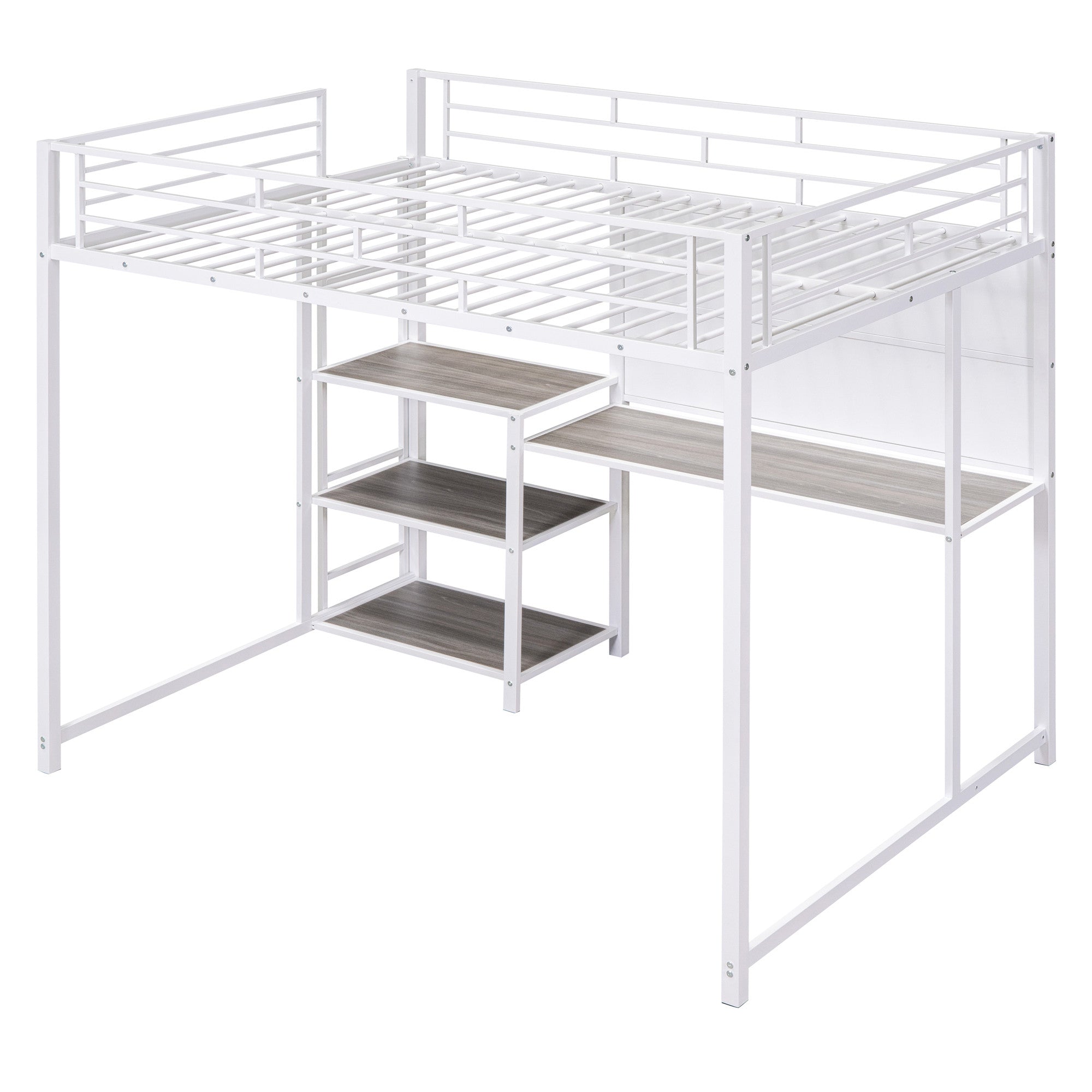 White Slat Steel Full Double Loft Bed With Desk And Shelves