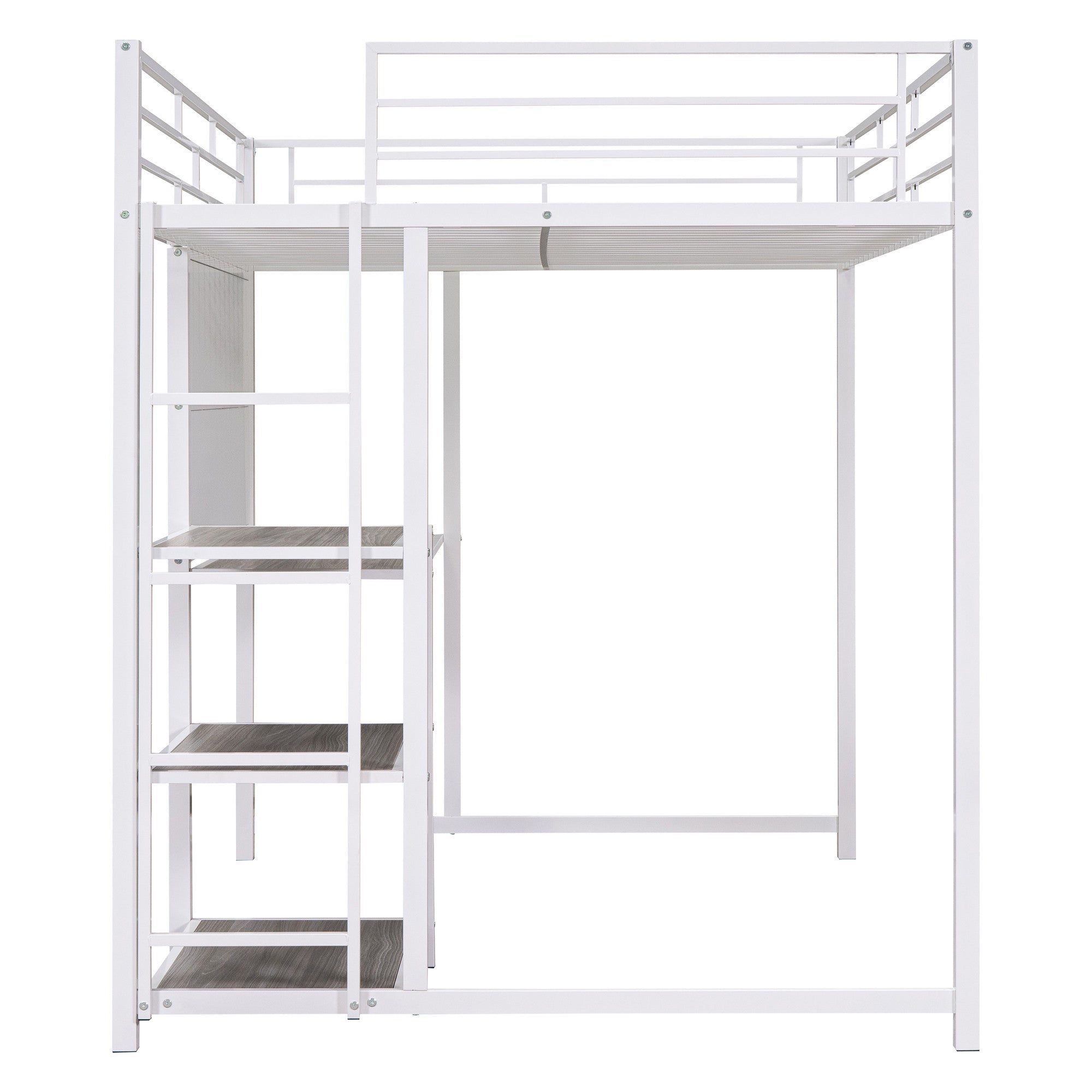 White Slat Steel Full Double Loft Bed With Desk And Shelves