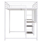 White Slat Steel Full Double Loft Bed With Desk And Shelves
