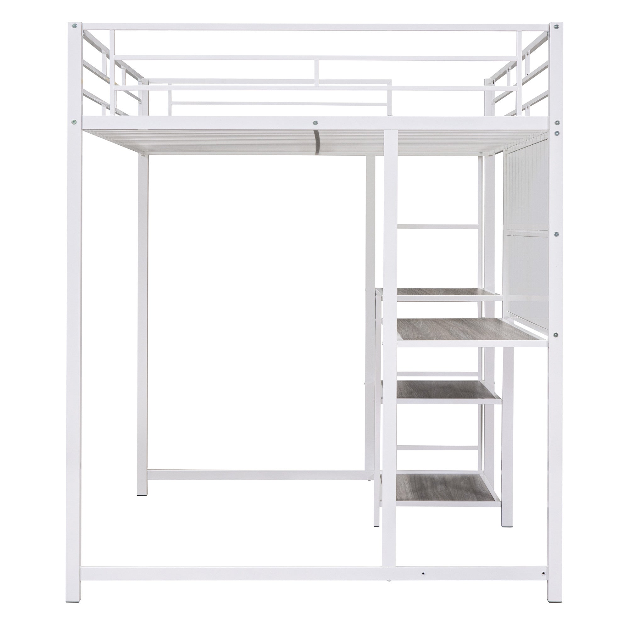 White Slat Steel Full Double Loft Bed With Desk And Shelves