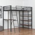 Black And Brown Slat Wood And Metal Twin Loft Bed With Desk And Shelves