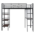 Black And Brown Slat Wood And Metal Twin Loft Bed With Desk And Shelves