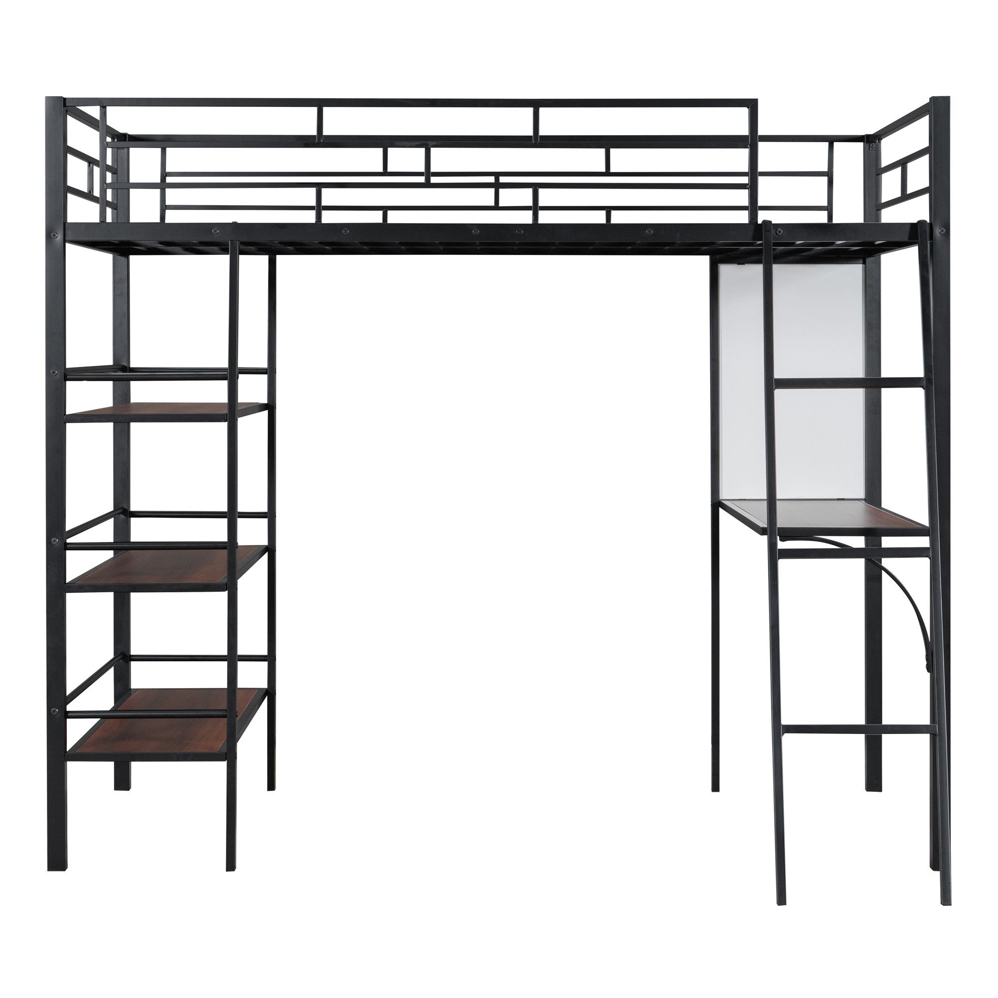 Black And Brown Slat Wood And Metal Twin Loft Bed With Desk And Shelves