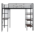 Black And Brown Slat Wood And Metal Twin Loft Bed With Desk And Shelves