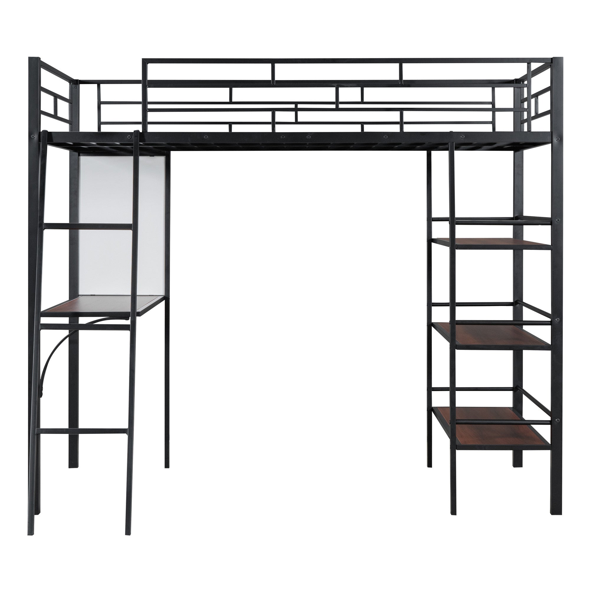 Black And Brown Slat Wood And Metal Twin Loft Bed With Desk And Shelves