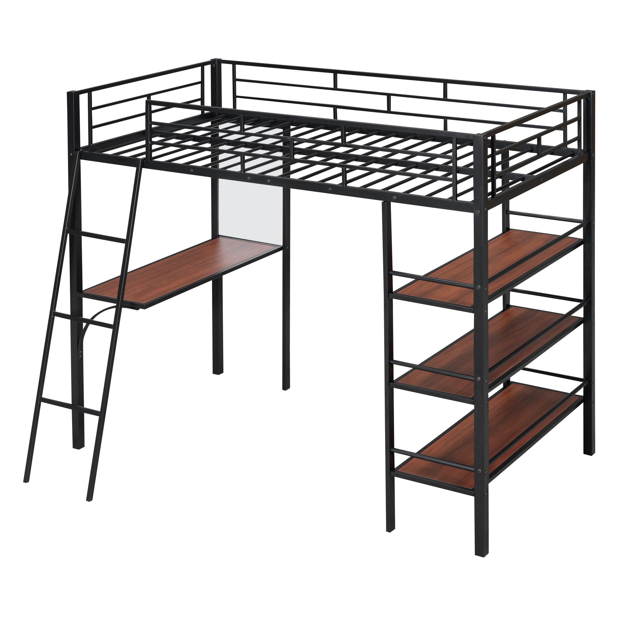 Black And Brown Slat Wood And Metal Twin Loft Bed With Desk And Shelves