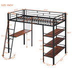 Black And Brown Slat Wood And Metal Twin Loft Bed With Desk And Shelves