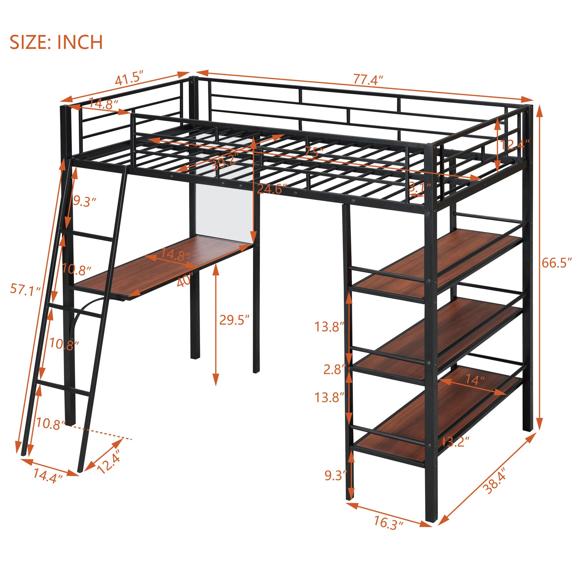 Black And Brown Slat Wood And Metal Twin Loft Bed With Desk And Shelves