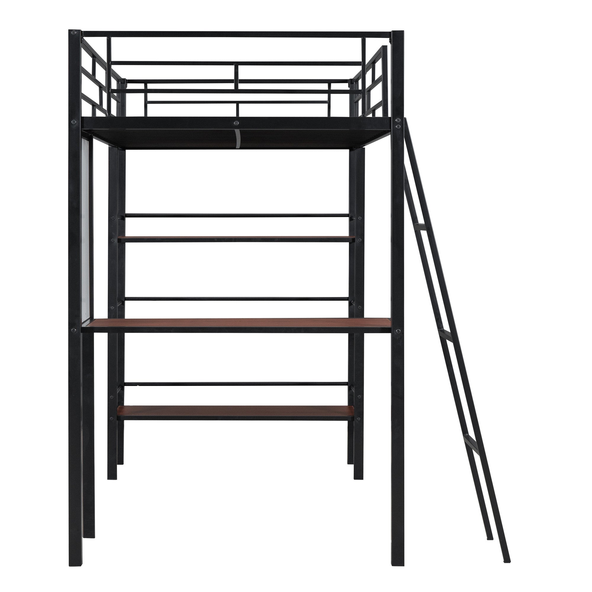 Black And Brown Slat Wood And Metal Twin Loft Bed With Desk And Shelves