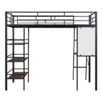 Black And Brown Slat Wood And Metal Twin Loft Bed With Desk And Shelves