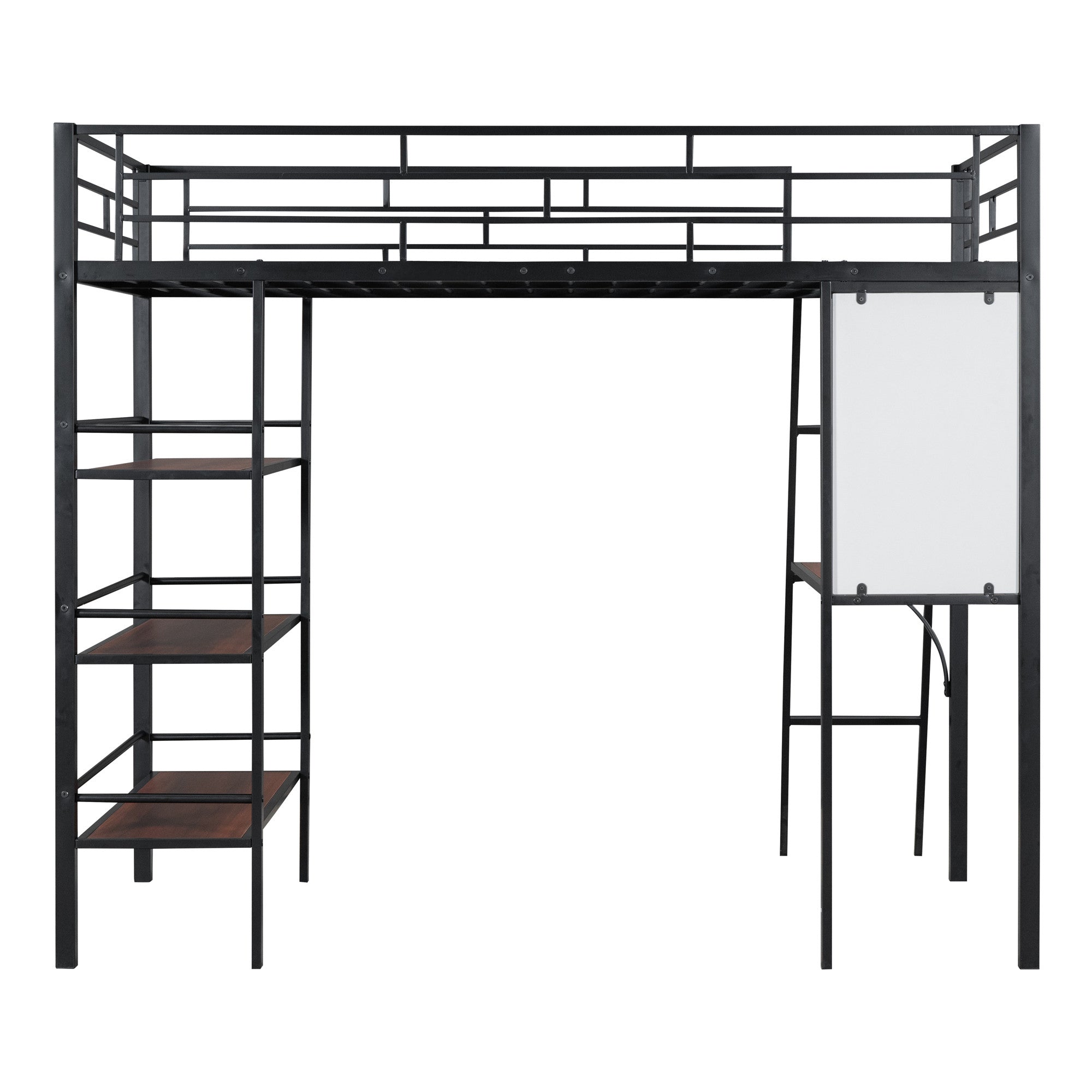 Black And Brown Slat Wood And Metal Twin Loft Bed With Desk And Shelves
