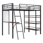 Black And Brown Slat Wood And Metal Twin Loft Bed With Desk And Shelves