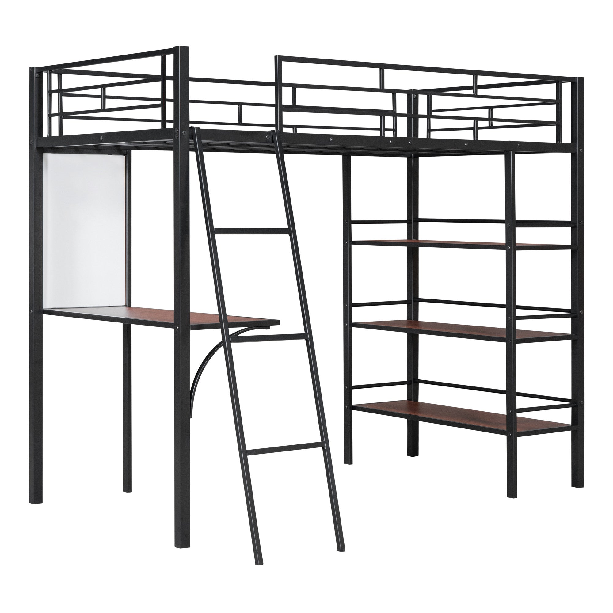 Black And Brown Slat Wood And Metal Twin Loft Bed With Desk And Shelves
