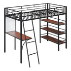 Black And Brown Slat Wood And Metal Twin Loft Bed With Desk And Shelves