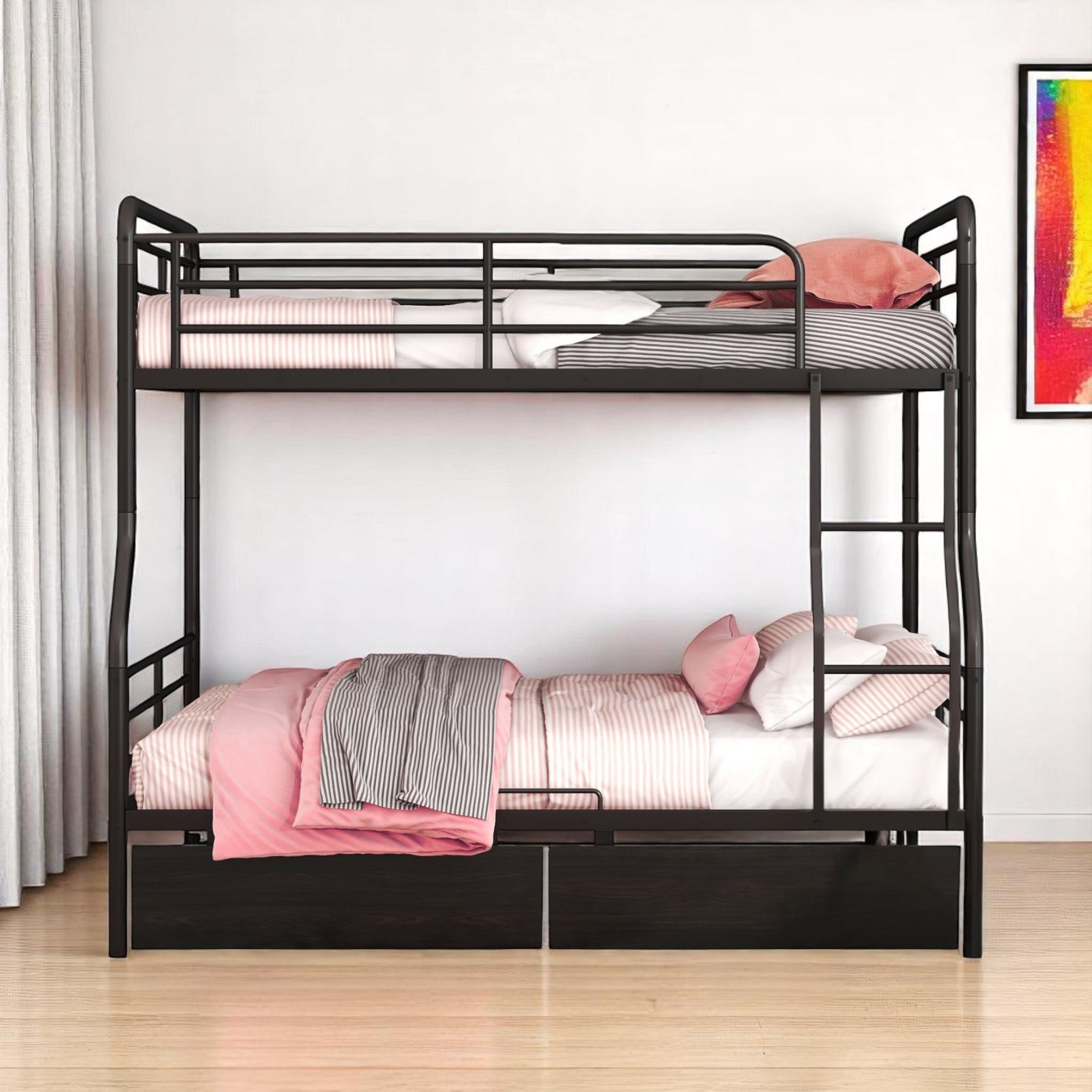 Black Full Over Queen Contemporary Metal Bunk Bed With Drawers