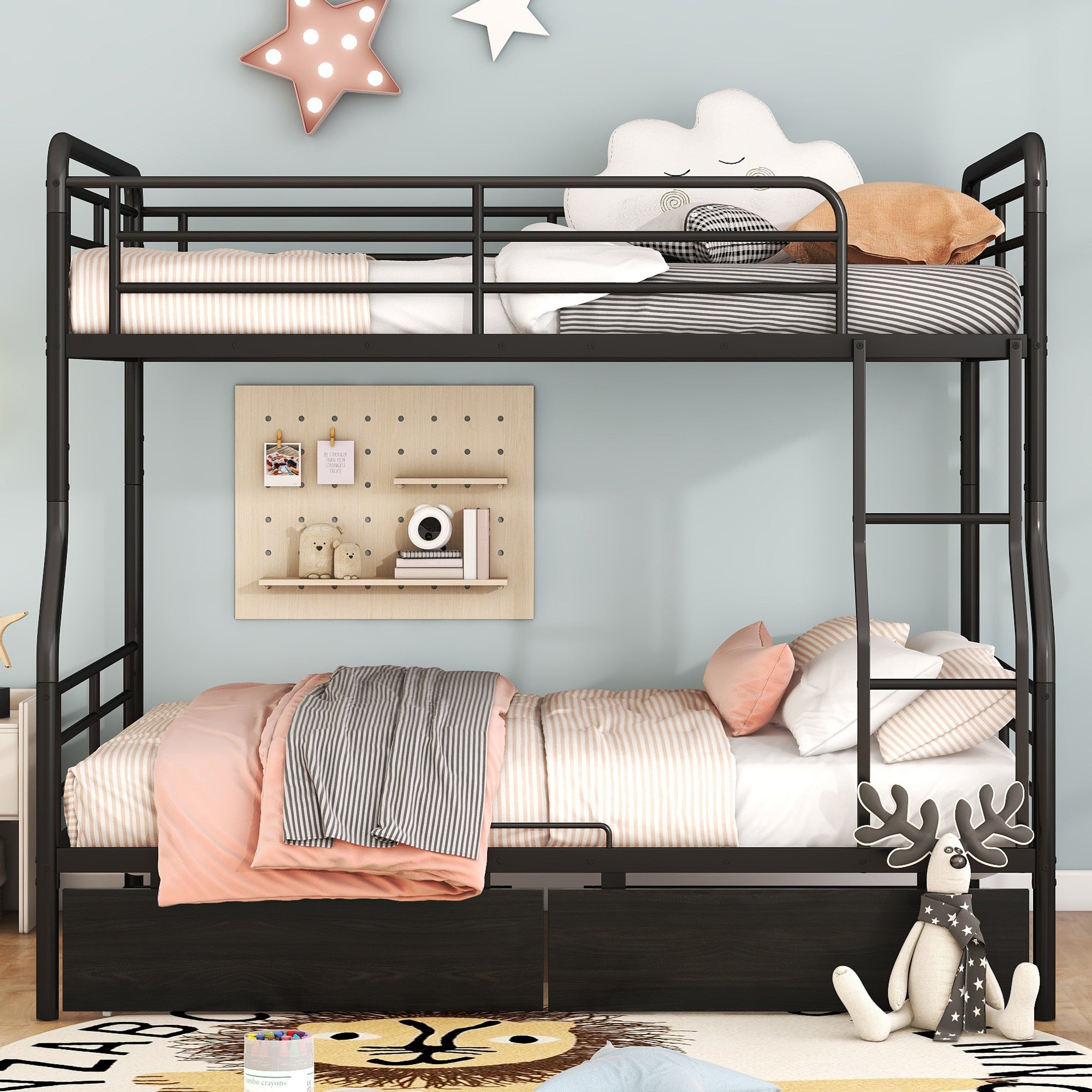 Black Full Over Queen Contemporary Metal Bunk Bed With Drawers