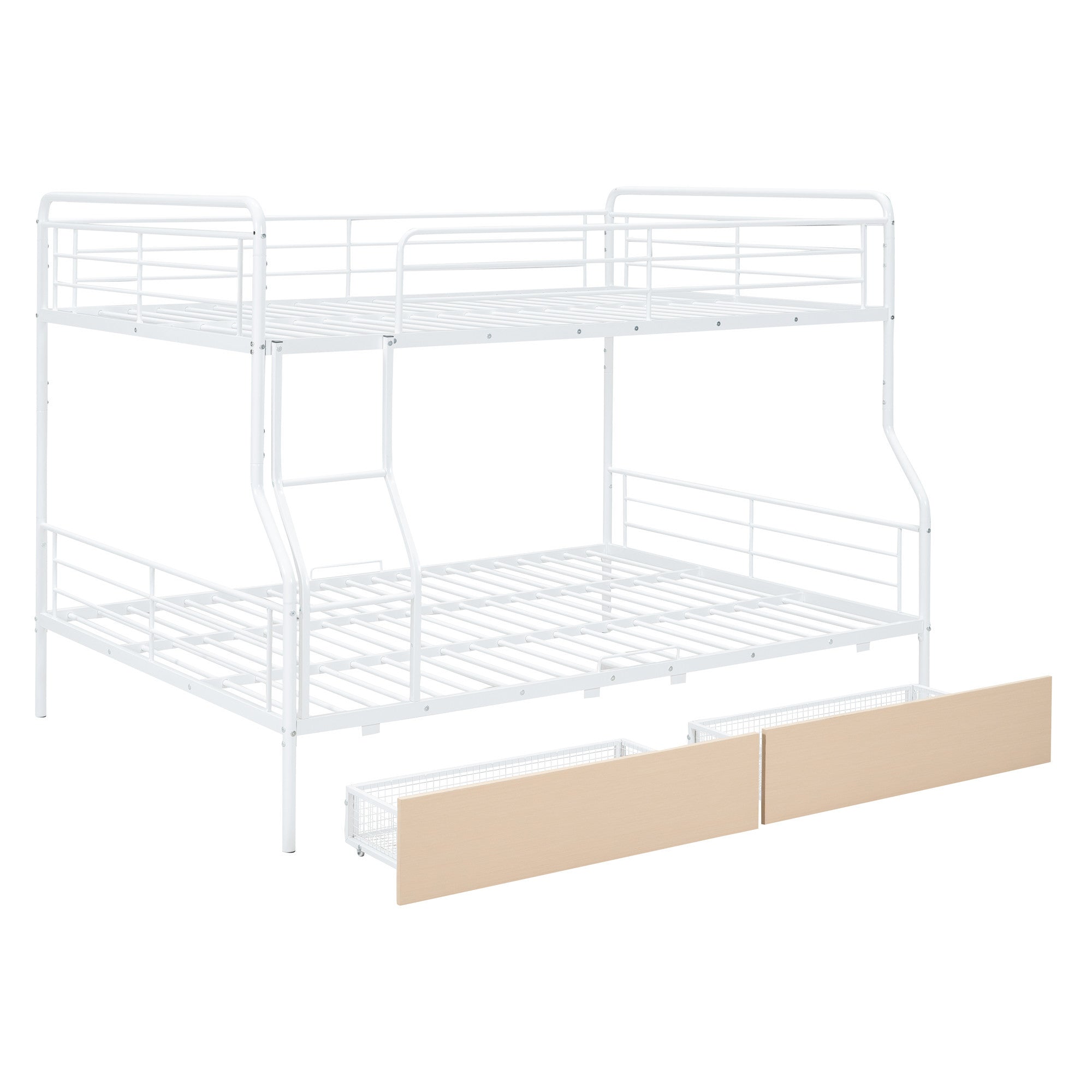 White Full Over Queen Contemporary Metal Bunk Bed With Drawers
