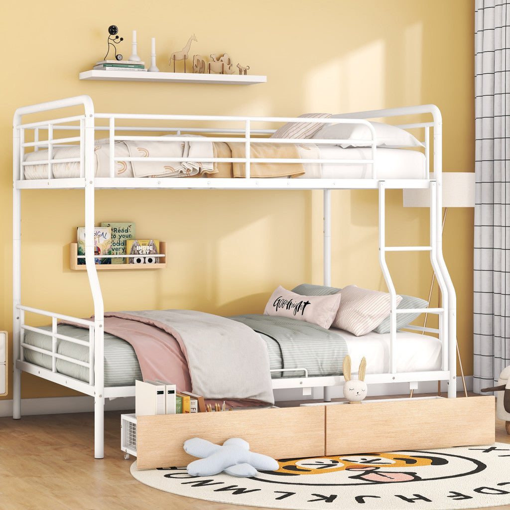 White Full Over Queen Contemporary Metal Bunk Bed With Drawers