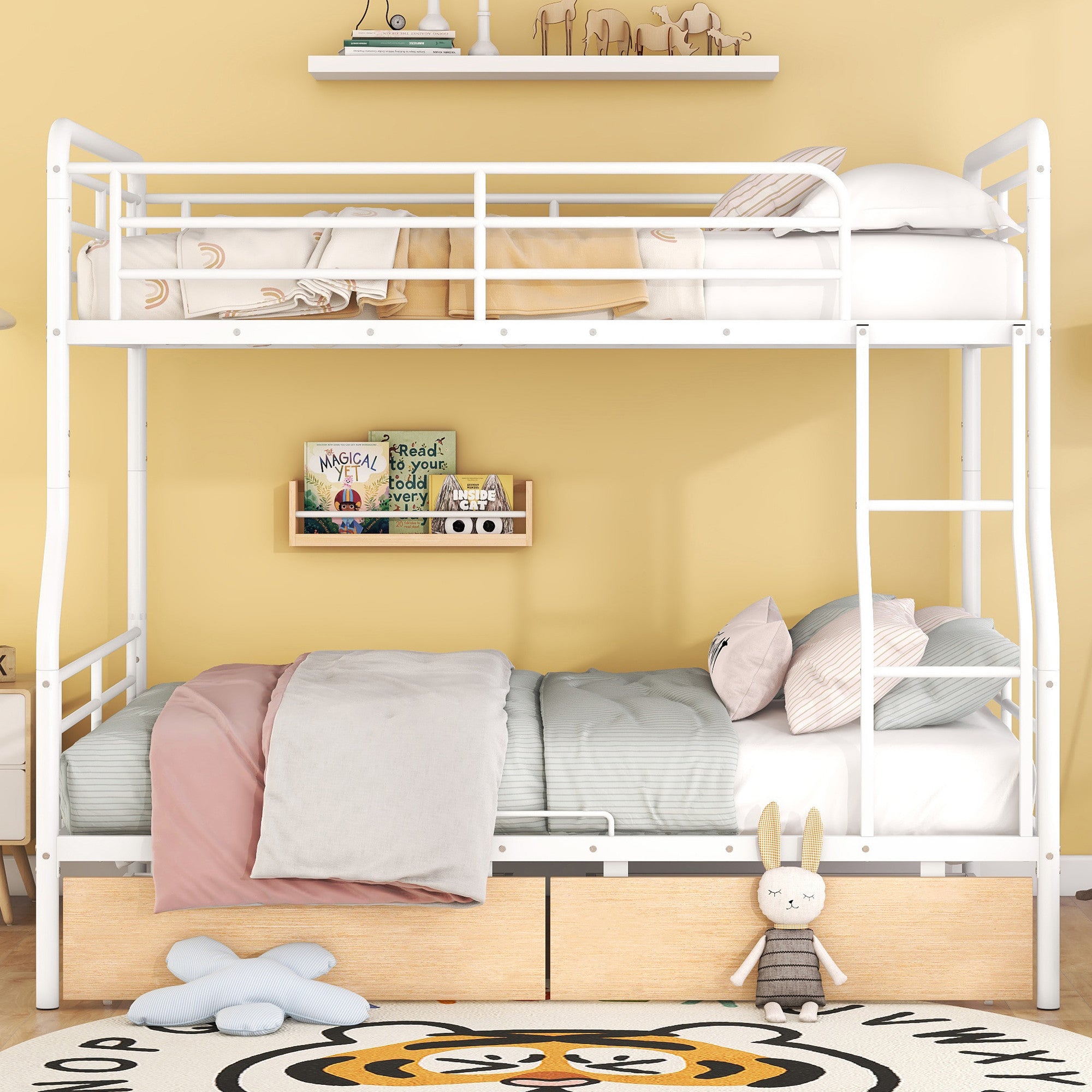 White Full Over Queen Contemporary Metal Bunk Bed With Drawers