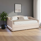Beige Tufted Boucle Twin Day Bed With LED Lighting And Trundle And USB