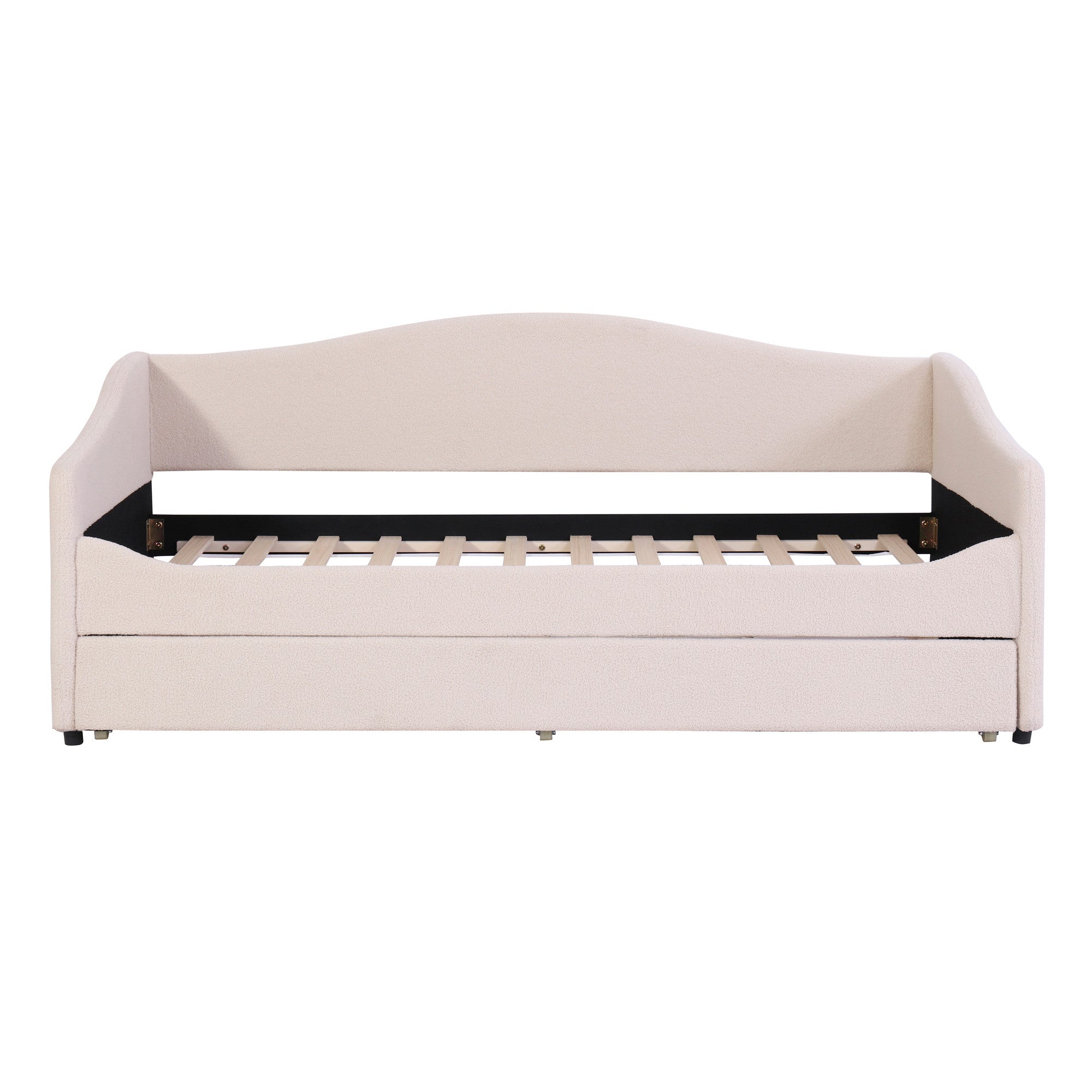 Beige Tufted Boucle Twin Day Bed With LED Lighting And Trundle And USB