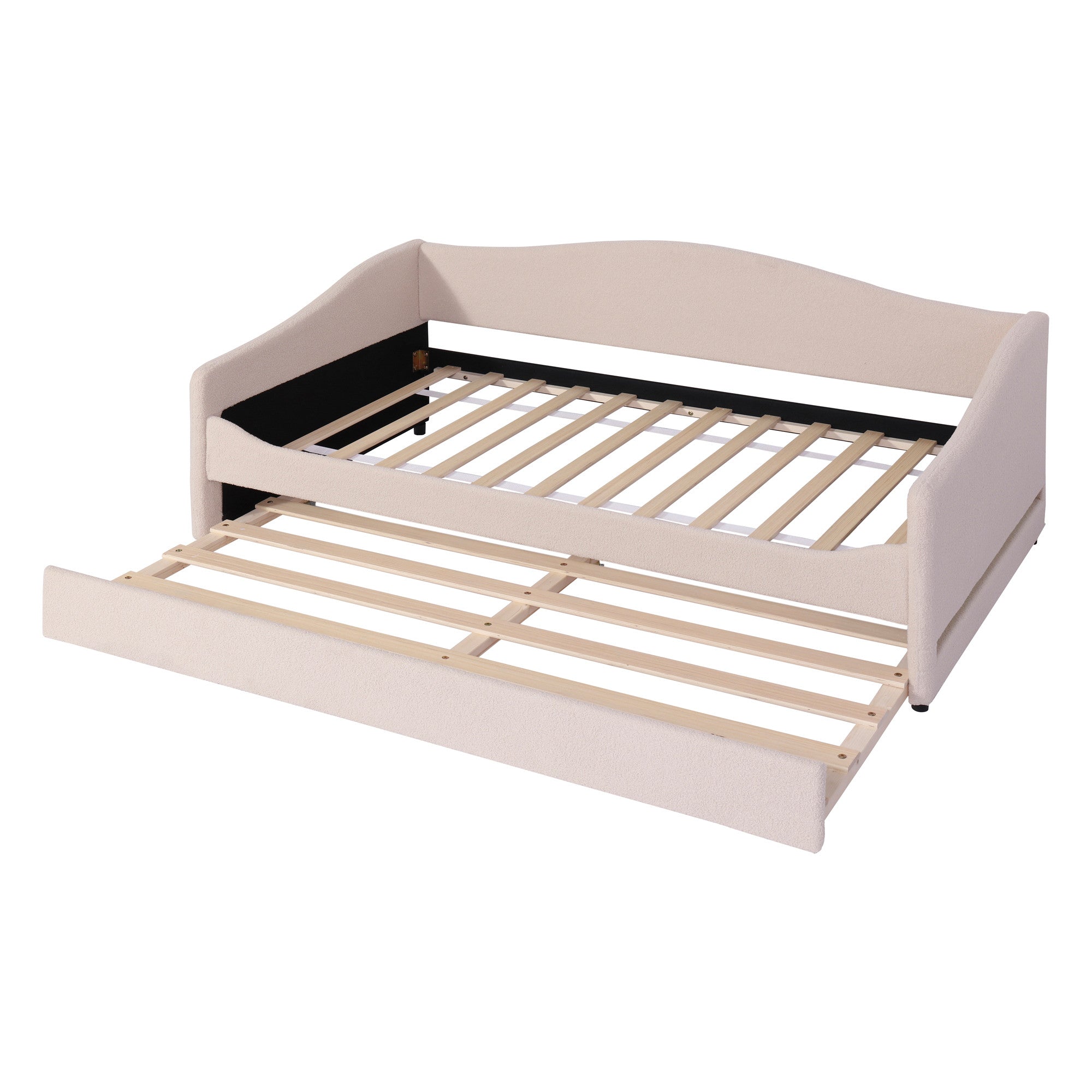 Beige Tufted Boucle Twin Day Bed With LED Lighting And Trundle And USB