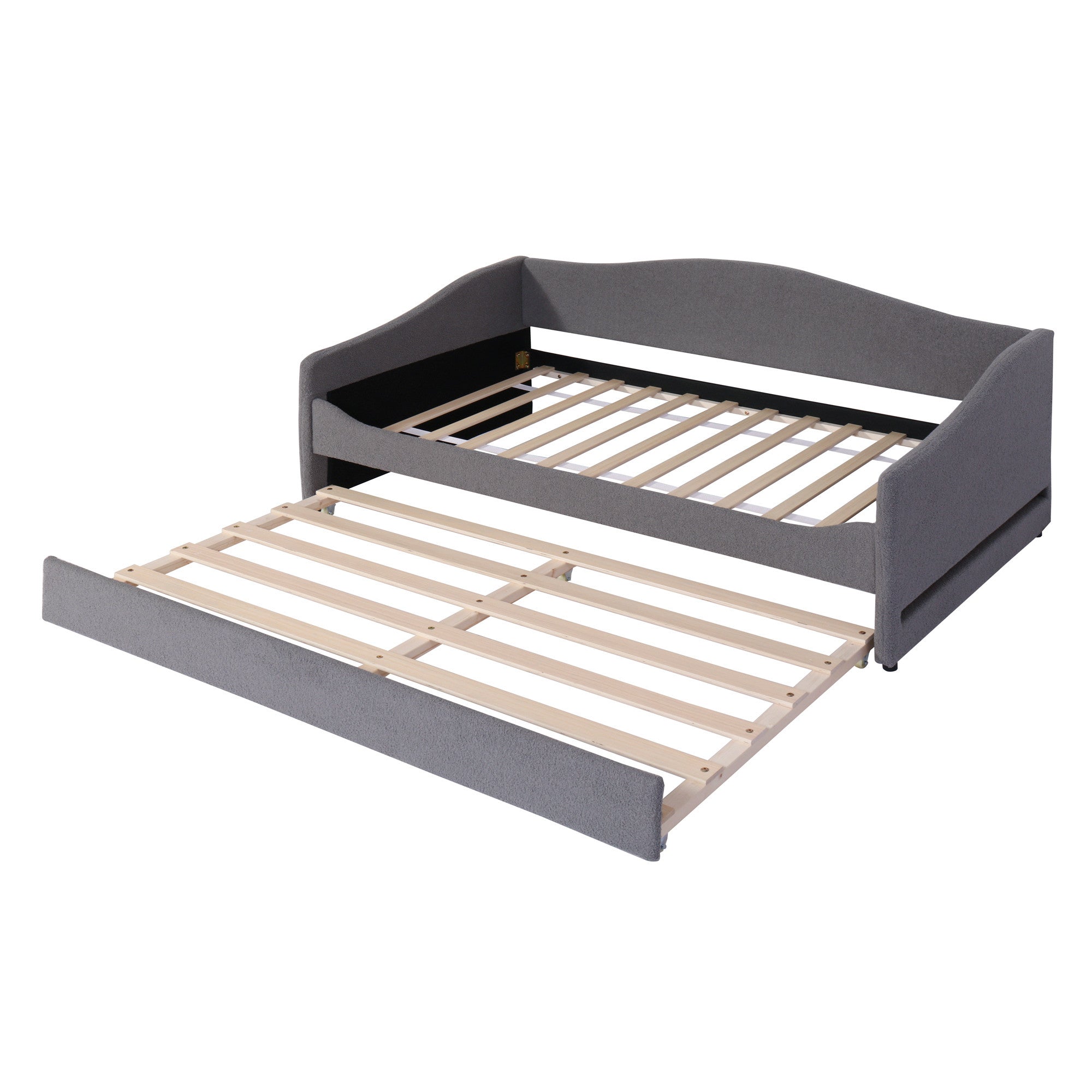 Gray Tufted Boucle Twin Day Bed With LED Lighting And Trundle And USB