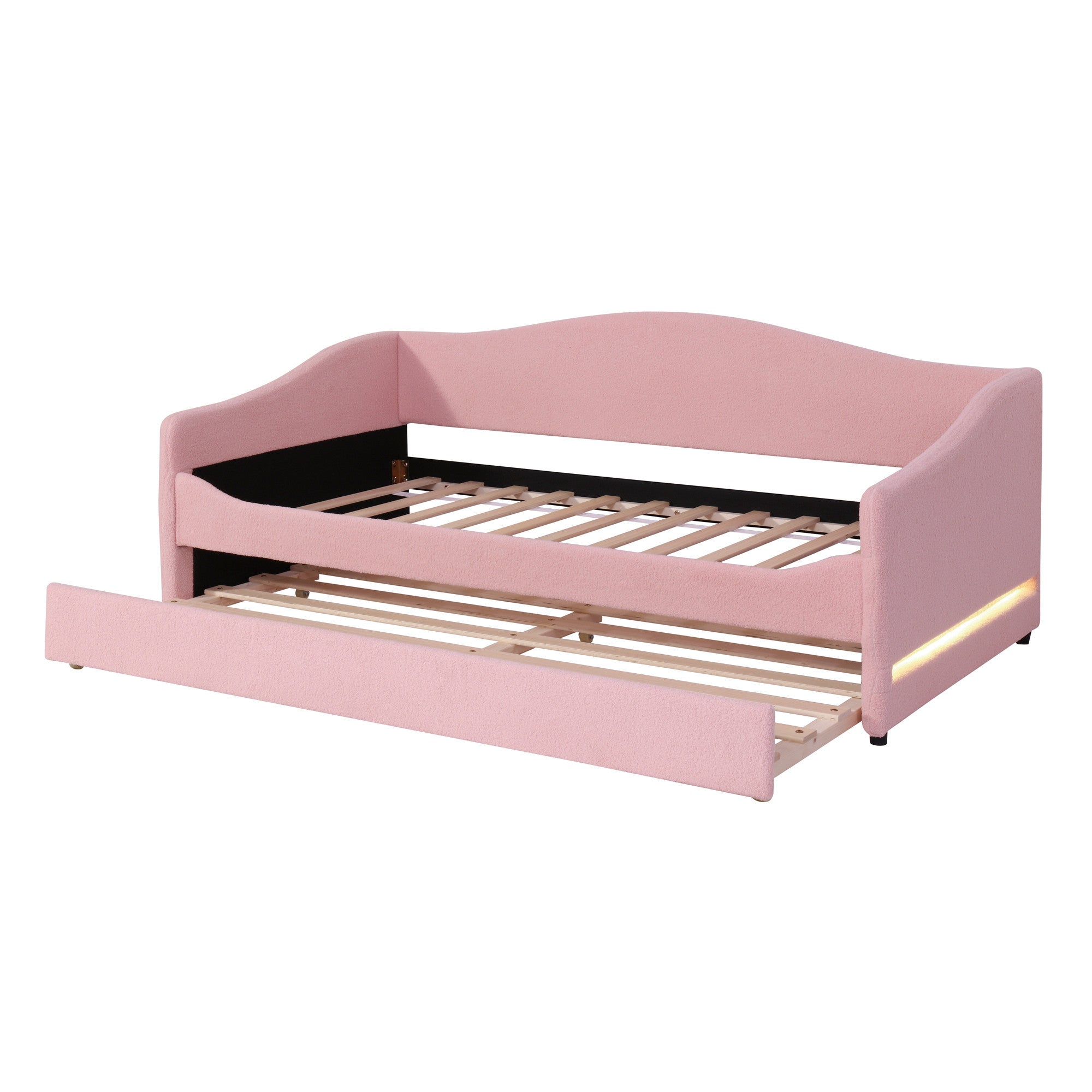 Pink Tufted Boucle Twin Day Bed With LED Lighting And Trundle And USB