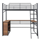 Black And Natural Slat Wood And Metal Full Double Loft Bed With Desk And Shelves