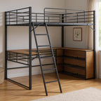 Black And Natural Slat Wood And Metal Full Double Loft Bed With Desk And Shelves