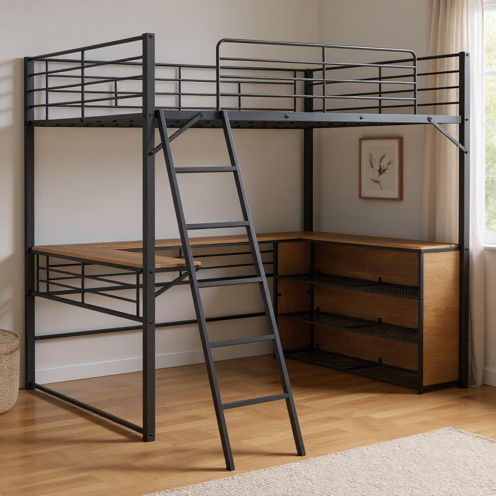 Black And Natural Slat Wood And Metal Full Double Loft Bed With Desk And Shelves