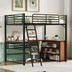 Black And Natural Slat Wood And Metal Full Double Loft Bed With Desk And Shelves