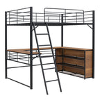 Black And Natural Slat Wood And Metal Full Double Loft Bed With Desk And Shelves