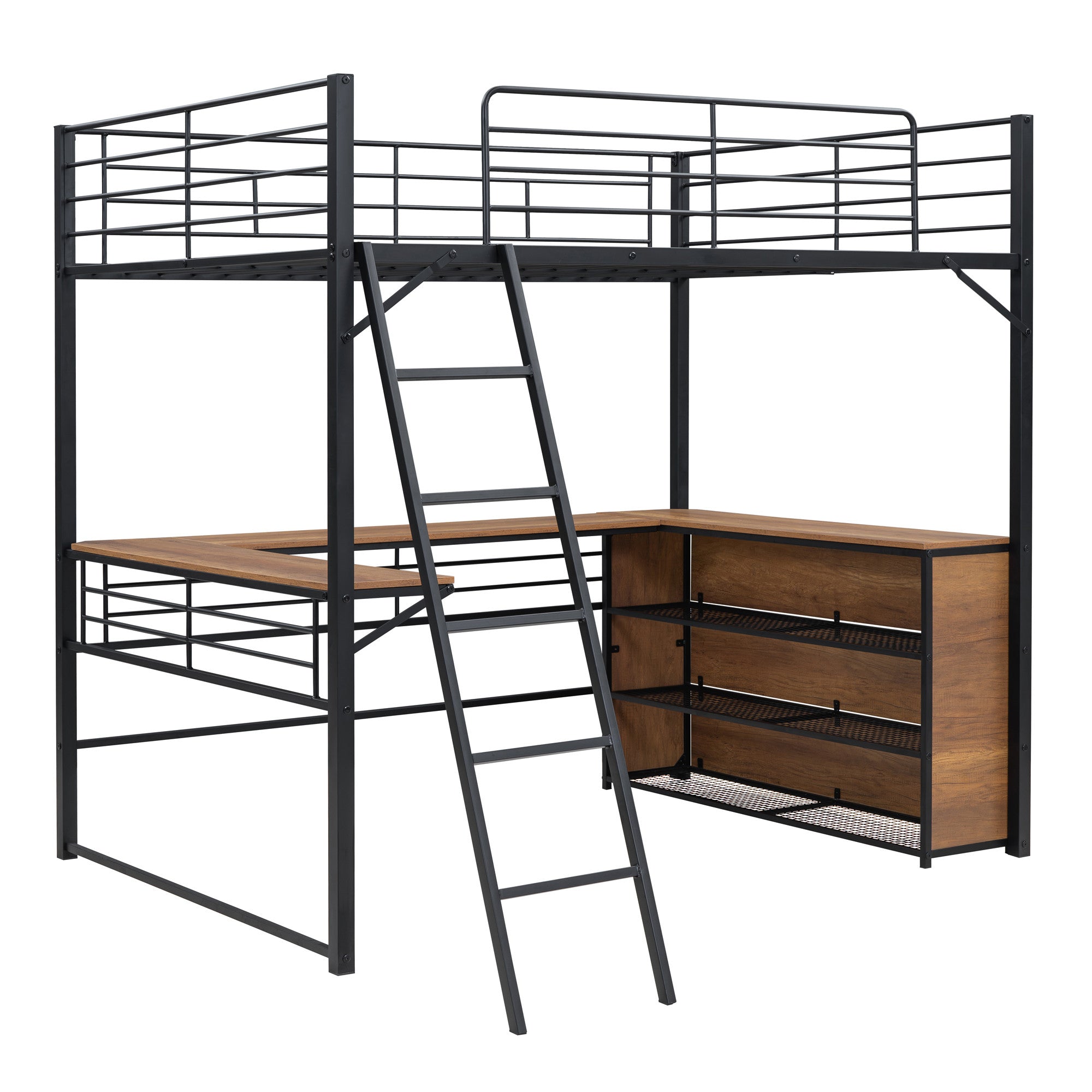 Black And Natural Slat Wood And Metal Full Double Loft Bed With Desk And Shelves