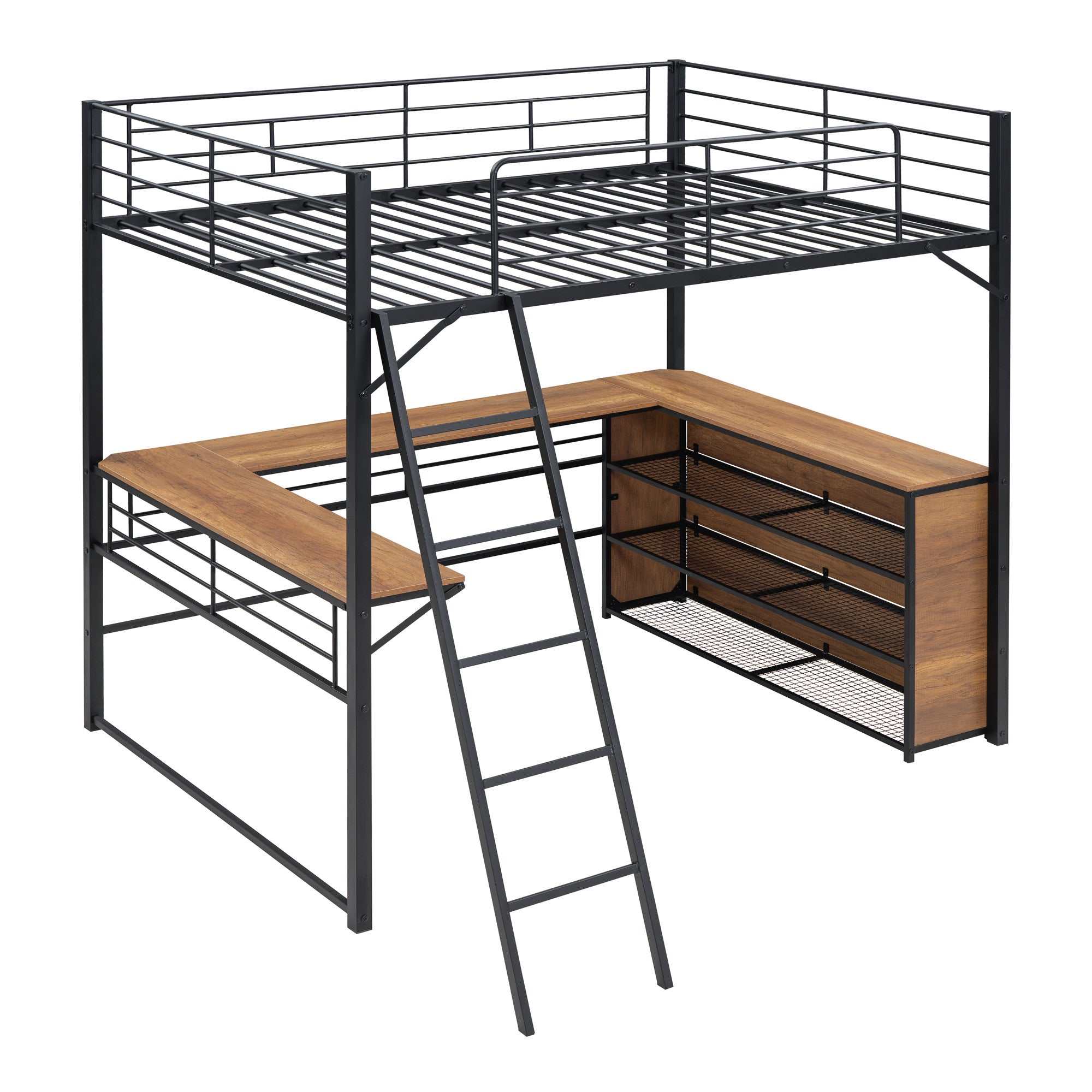 Black And Natural Slat Wood And Metal Full Double Loft Bed With Desk And Shelves