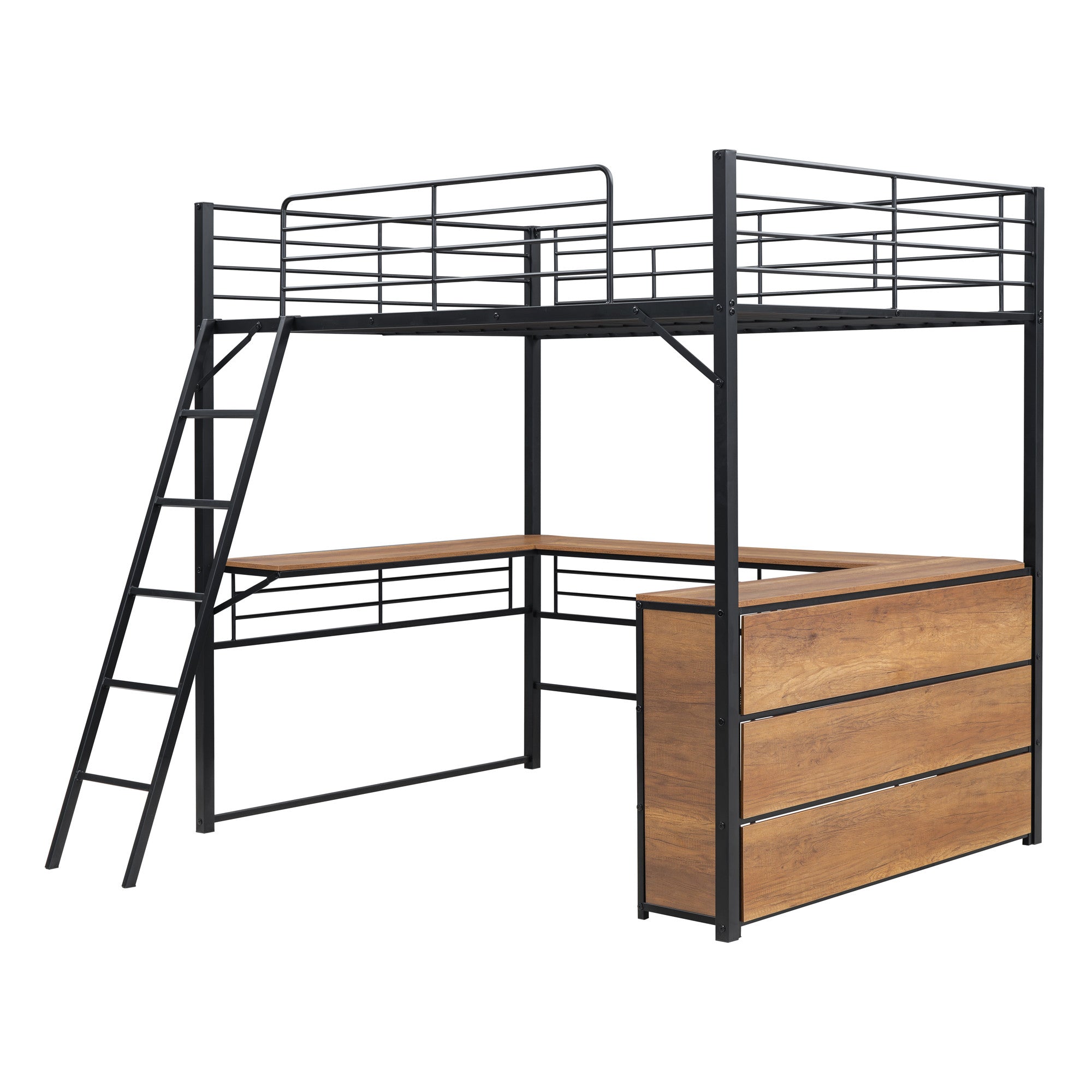Black And Natural Slat Wood And Metal Full Double Loft Bed With Desk And Shelves