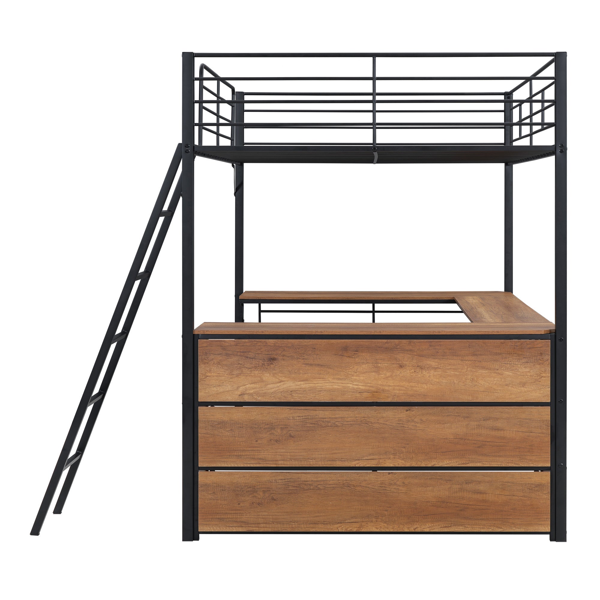 Black And Natural Slat Wood And Metal Full Double Loft Bed With Desk And Shelves