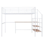White And Brown Platform Wood And Metal Full Double Loft Bed With Stairs Desk And Shelves