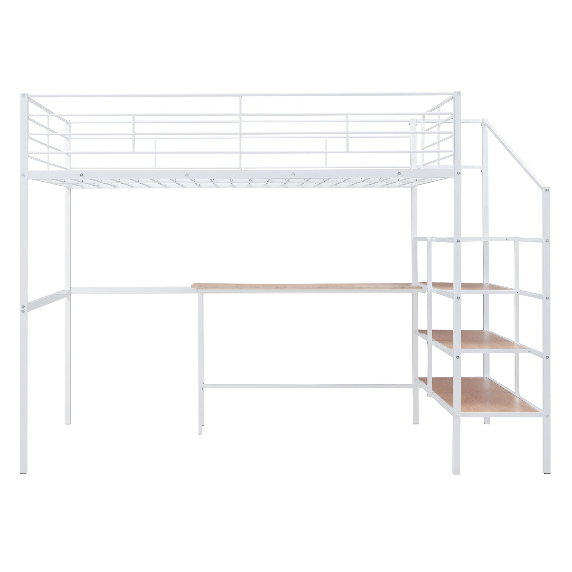 White And Brown Platform Wood And Metal Full Double Loft Bed With Stairs Desk And Shelves